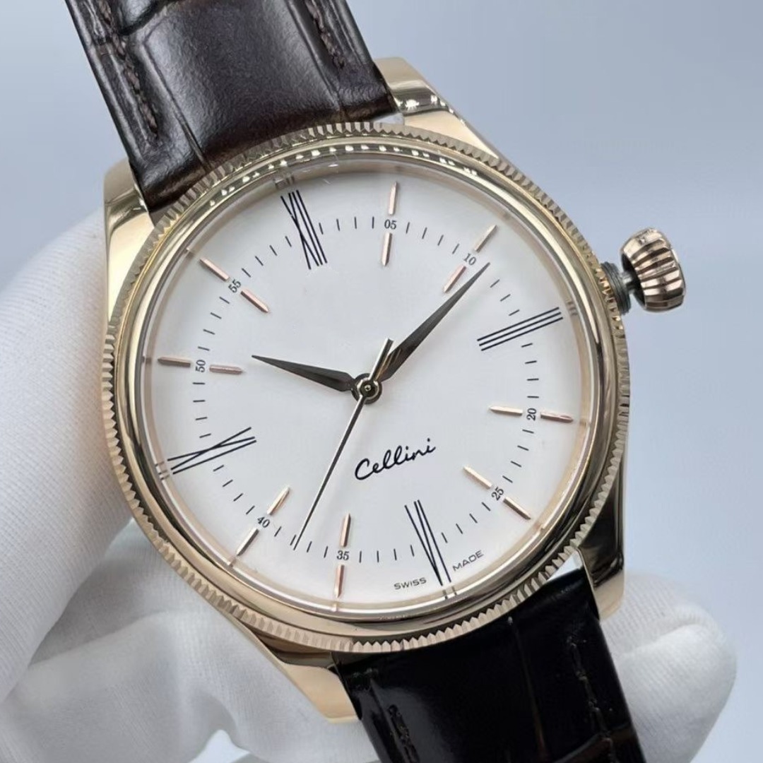 

Luxury mens watch New Cellini M50505-0020 Men's Automatic Movement Watch 39mm gold SS2813 fine steel case cowhleather strap watch, Box