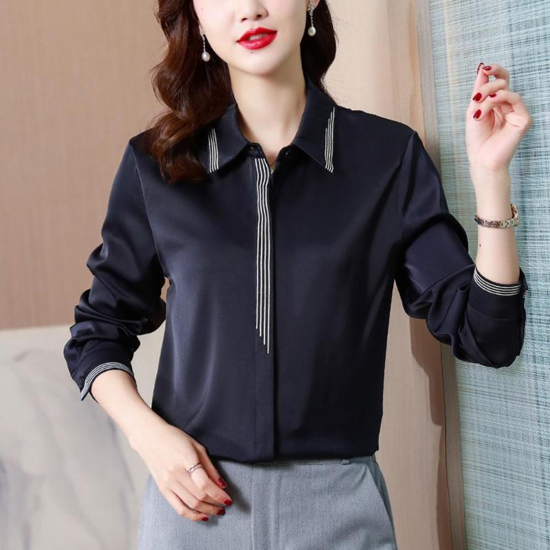 

Women's Blouses Elegant Vintage Long Sleeve Women Satin 2023 Stripe Embroidery Shirt Covered Button Casual Tops Blusas Femininas, Black