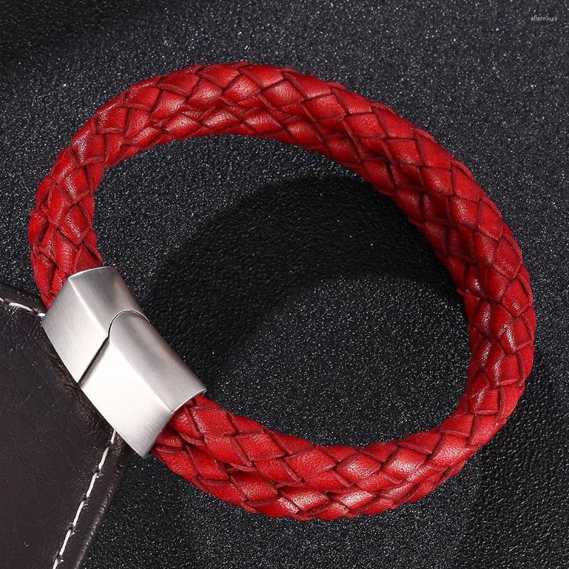 

Charm Bracelets Retro Color Red/Gray Double Layer Braided Genuine Leather Men Jewelry Stainless Steel Magnet Clasp Bangles Gifts