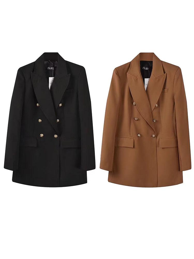 

Pants Women 2022 Autumn New Fashion Leisure Double Breasted Blazer Vintage Long Sleeve Pockets Female Outerwear Chic, Brown
