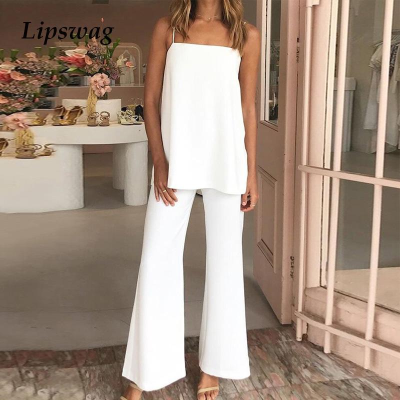 

Women' Two Piece Pants Summer Casual Elegant Solid Loose Women Set Sexy Off Shoulder Sling Suits Fashion Long Tops Flare Outfit, 03 kahki