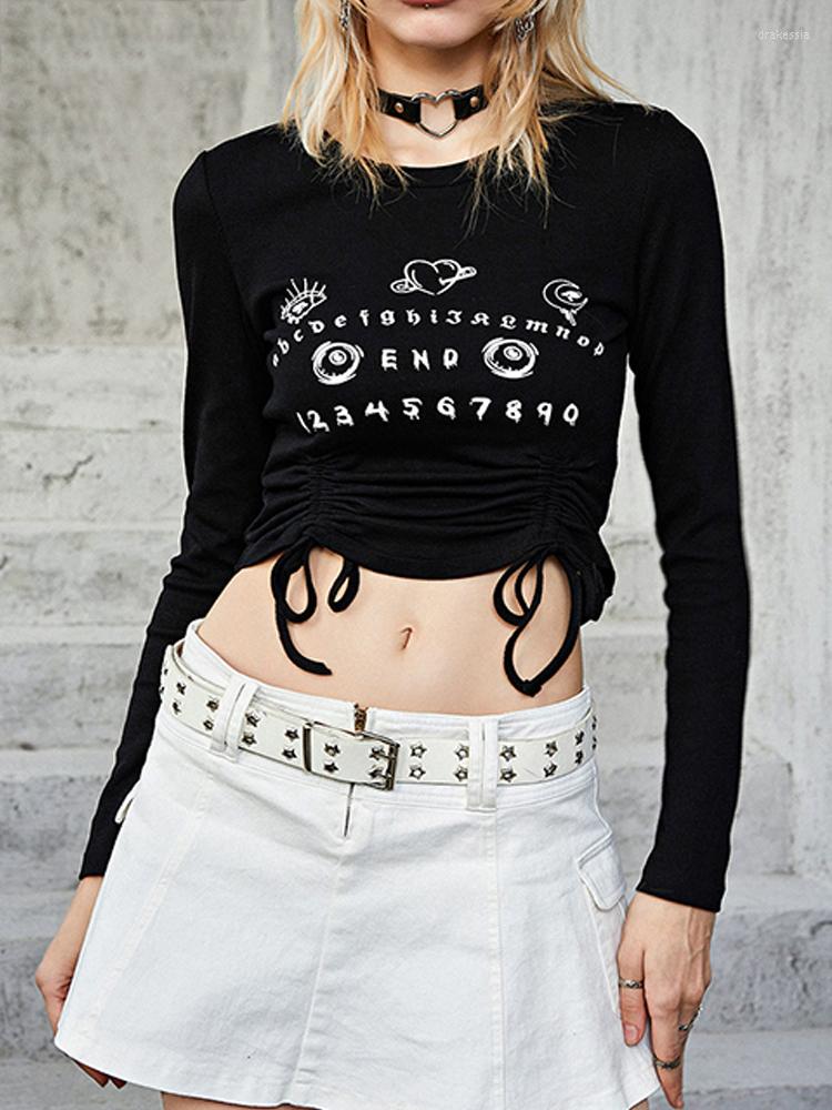 

Women's T Shirts 2023 Dark Drawstring Mall Gothic Aesthetic Sexy Crop Tops Women Long Sleeve Slim Grunge Black T-shirts Punk Print Alt