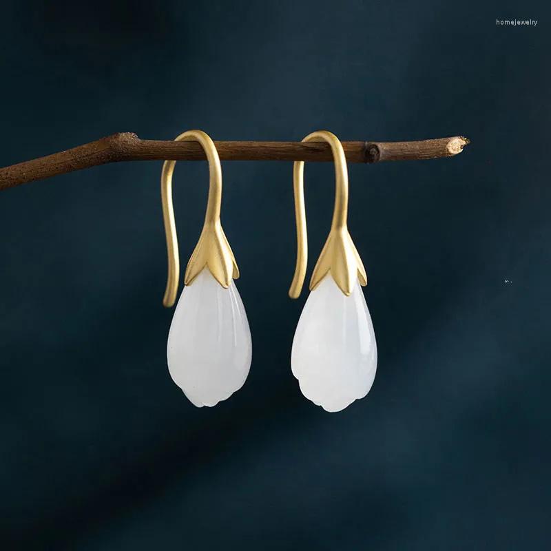 

Dangle Earrings Ancient Gold Craftsmanship Inlaid Natural Hetian White Magnolia Chinese Style Retro Charming Ladies Jewelry