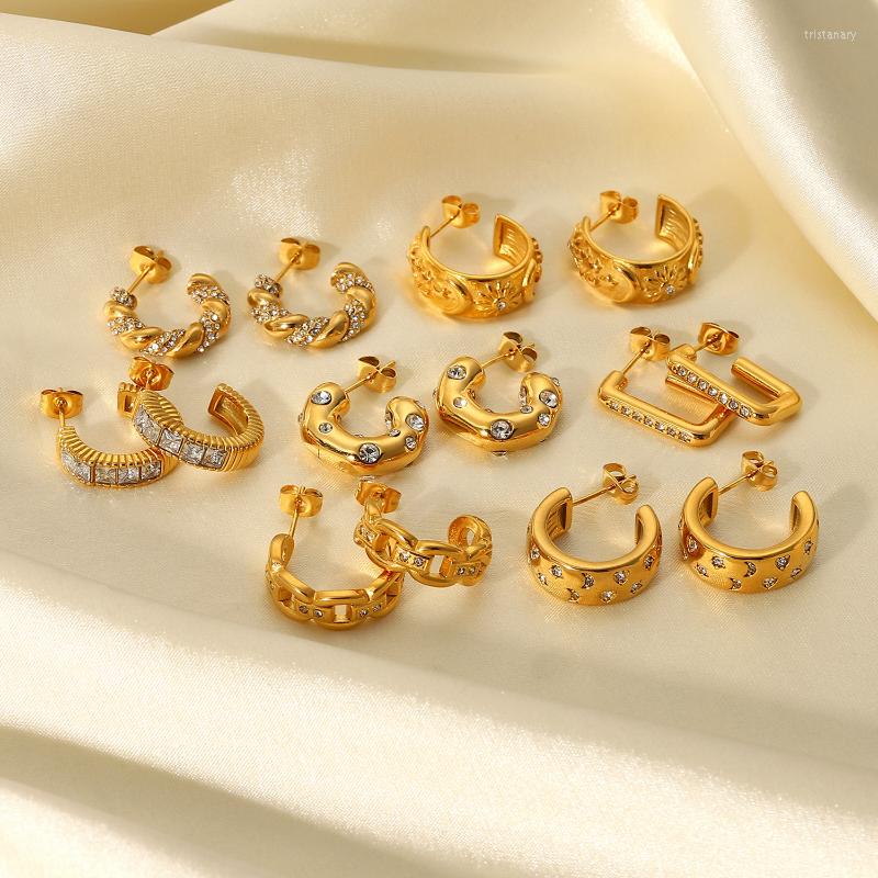 

Hoop Earrings Minar Dainty Bling CZ Cubic Zirconia Square C Shape Chunky For Women 18K Gold Plated Titanium Steel Earring Gift