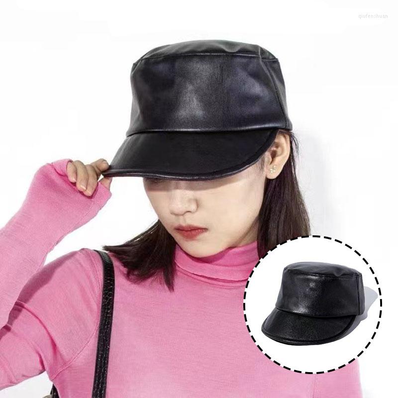 

Berets Lady PU Leather Hat Fashion Baseball Cap For Women High Quality Retro Sboy Japan Style Flat Top Gorras, Black