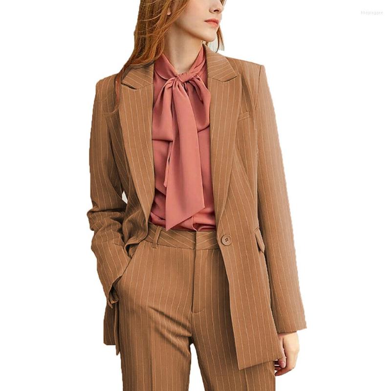

Women's Two Piece Pants Brown Women's Suit Striped Lapel Single Button Business Office Ladies Professional Casual 2 Pcs Jacket Fashion, Ws38-2