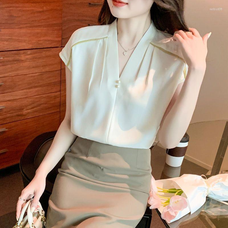 

Women's Blouses Summer Simplicity Pleated Solid Color V-neck Short Sleeve Blouse Women Clothes Fashionable Patchwork Chiffon Pullover Top, Beige