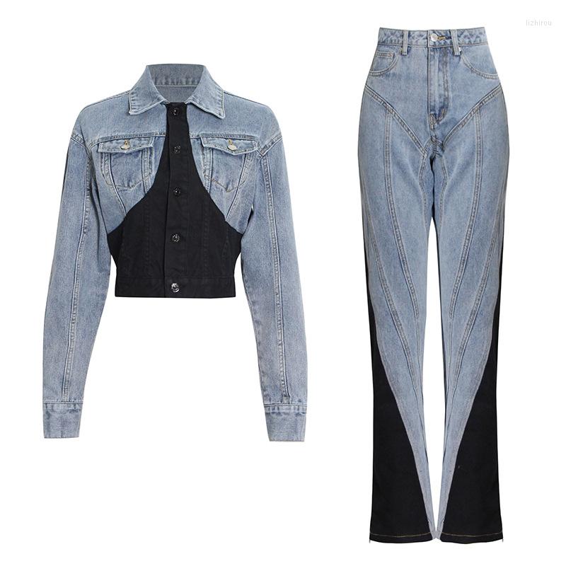 

Women's Two Piece Pants Echoine Brand Design Denim Patchwork Button Jacket Long Sleeve Slim Sexy Casual Hight Waist Flare Set