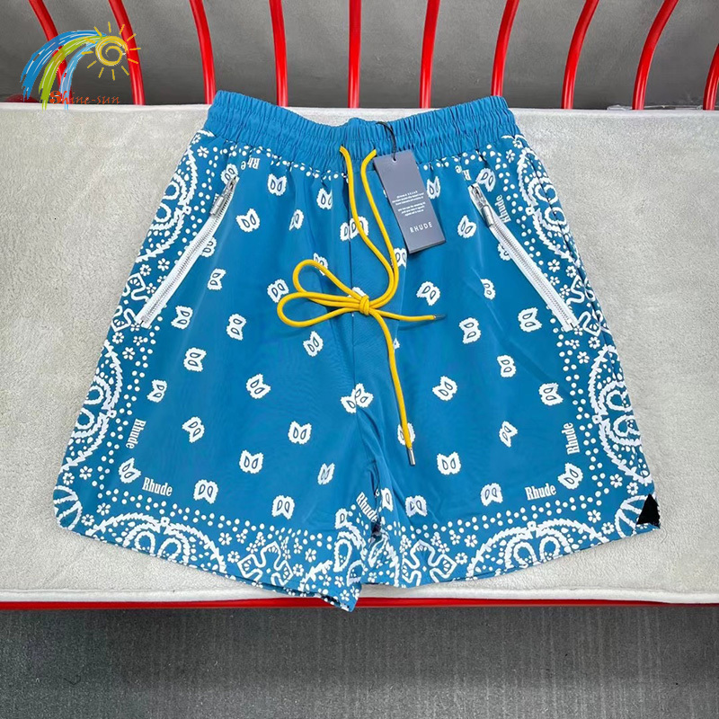 

Men' Shorts Summer Streetwear Vintage Cashew Full Printing Rhude Men Women Long Drawstring Blue Green Khaki RHUDE Breeches With Tag 230419