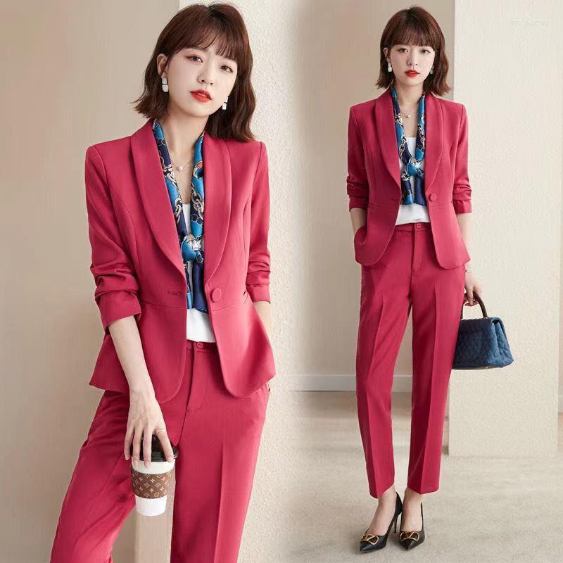 

Women' Two Piece Pants High Quality Suit For Women Pieces Set Long Sleeve Slim Fashion Temperament Blazer Trousers Office Ladies Work Wear, Black pantsuits