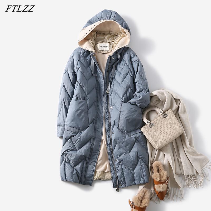 

Parkas FTLZZ Winter Knitting Splicing Hooded Warm Long Jacket Women 90% White Duck Down Coat Solid Color Straight Tube Puffer Outwear, Beige