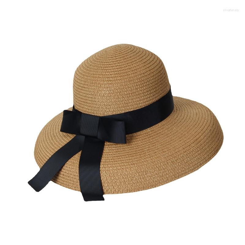

Wide Brim Hats Elegant Fashion Summer Sun Protection Ladies Ribbon Bow Breathable Outdoor Beach Big Straw Hat Cap For Women Sunhat, White