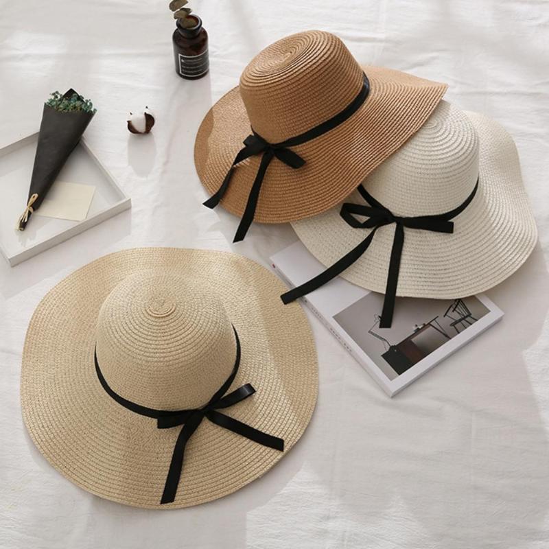 

Wide Brim Hats Cap Women Straw Hat Summer Travel Beach UV Protection Bowknot Sun, White