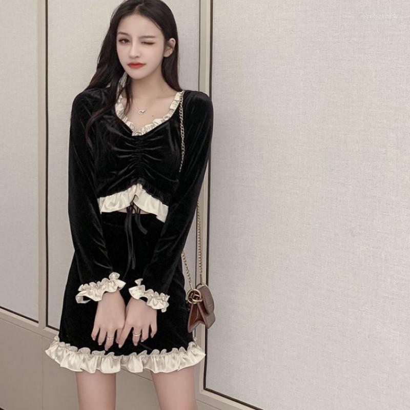 

Work Dresses Fashion Female Suits 2023 Summer Puff Long Sleeve Tops Patchwork Velvet High Waist Black Dress Two Pieces Women Clothes