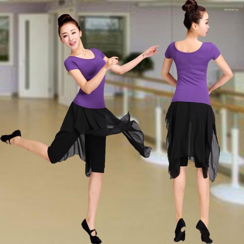 

Stage Wear Modern Latin Dance Square Clothing Lycra Cotton Round Neck Chiffon Mesh Skirt Set