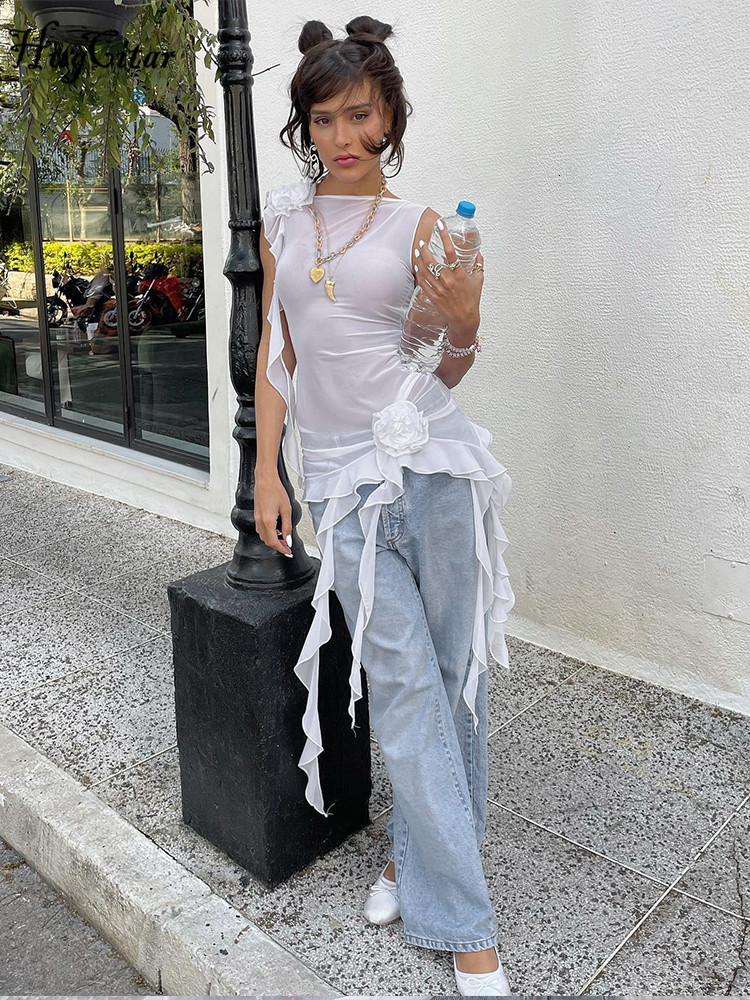 

Women s T Shirt Hugcitar Mesh Sleeveless Backless Solid Tassel See Through Sexy Slim Top T Shirt Autumn Women Kawaii Party Club Halloween 230420, White