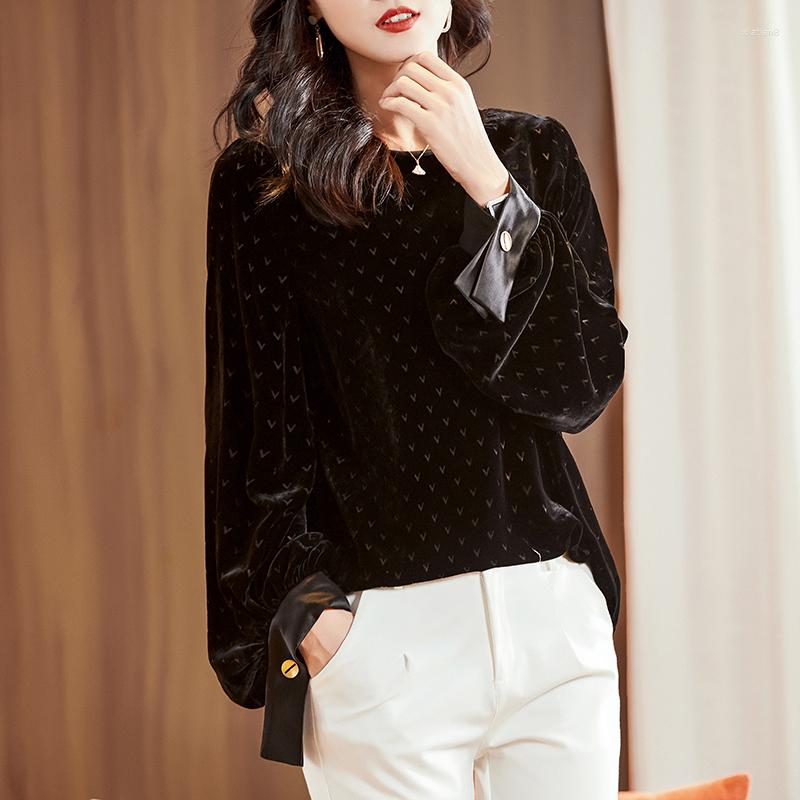 

Women' Blouses Autumn Winter Women Silk Velvet Black Shirt Elegant Fashion O-neck Long Sleeve Patchwork Vintage Office Lady Casual Loose