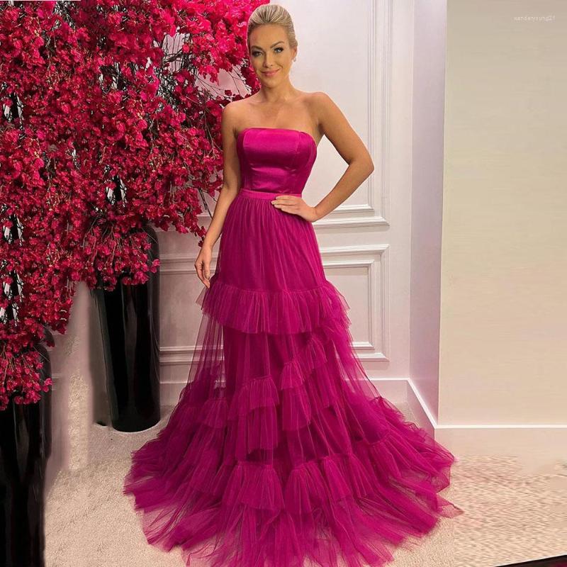 

Party Dresses Charming Fuchsia Prom DressesTulle Tiered Strapless A Line Evening Gowns Floor-Length Vestido Longo Custom Made 2023, Picture shown