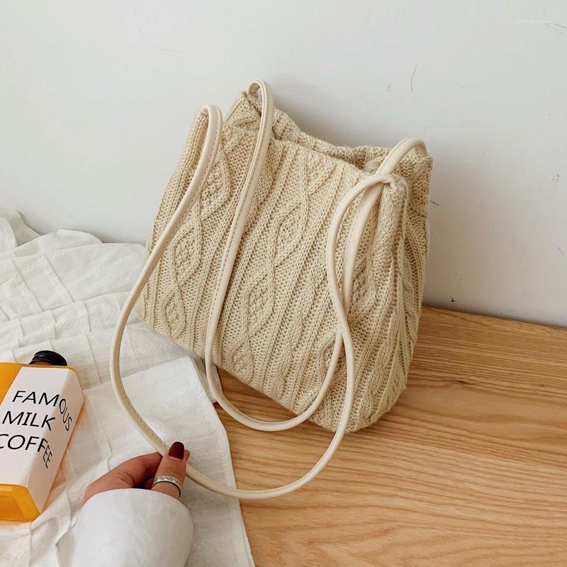

Shopping Bags Wool Knitted Women's Shoulder Bag Designer Woven Striped Handbag Fashion Armpit Buckle Bucket Female Tote, Beige