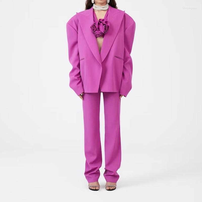 

Women' Two Piece Pants High Fashion Elegant Big Silhouette Shoulder Pad Wool Purple Suit Jacket Waist Straight Pant Sets 2023 Summer