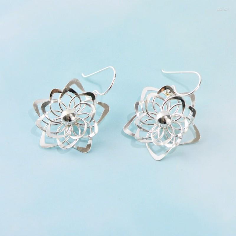 

Stud Earrings Pure S925 Sterling Silver Dangle Women Lucky Hollow Multi-layer Flower