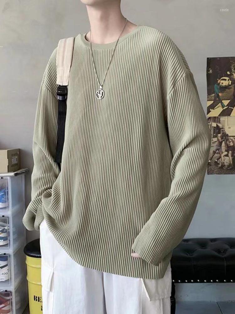 

Men' T Shirts Spring Autumn Pleated Stripe Shirt Men' Fashion Solid Color Casual Long-sleeved T-shirt Men Korean Loose Oversize Tshirt, Black