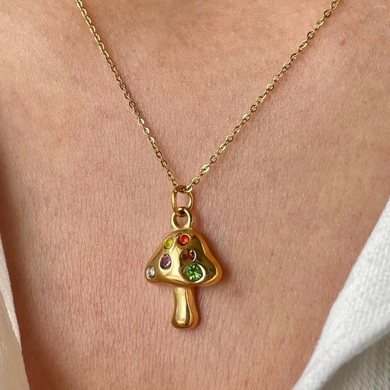 

Chains Stainless Steel Mushroom Pendant Necklace For Women Girls Gold Plated Zircon Crystal Exquisite Vintage Lucky Jewelry