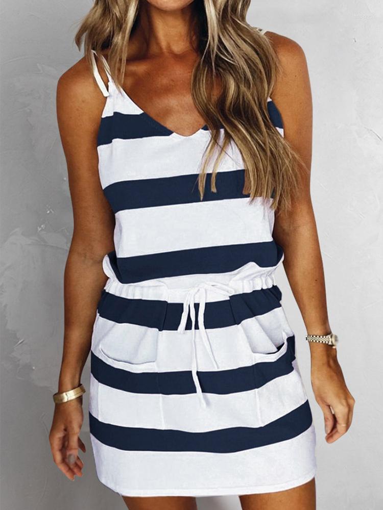 

Casual Dresses Spaghetti Strap Striped Women Summer V Neck Sling Drawstring Belt Sleeveless Dress With Pockets Tie Color Block, Blue