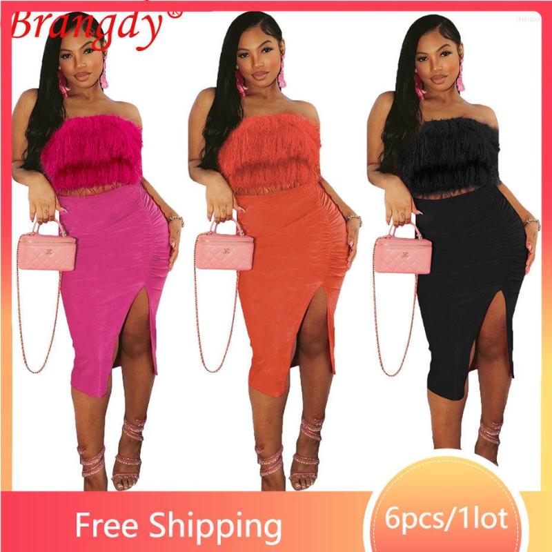 

Work Dresses 6sets Wholesale Croset Set Skirt 2 Piece Sexy Solid Split Dress Outfits Y2k Clothes For Women Club Wear Crop Top B10994, Black
