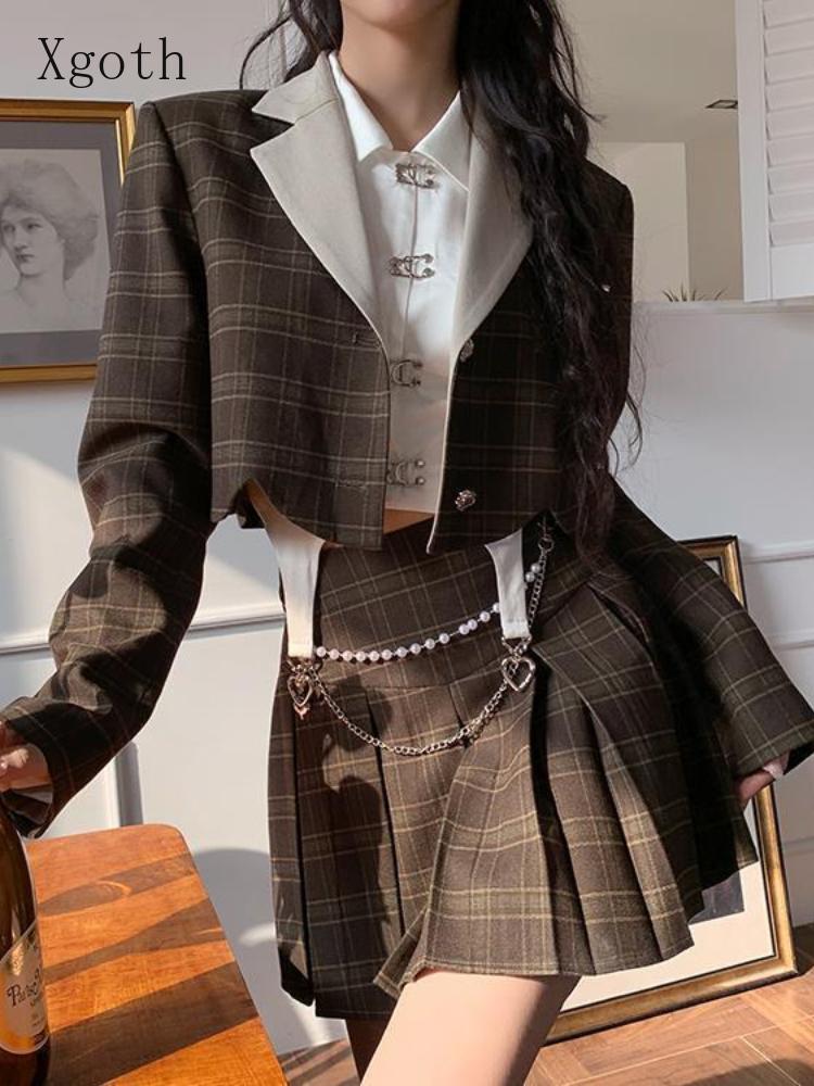

Dress Xgoth Sets 2022SS New Korean Temperament Short Suit Jacket + White Shirt + High Waist Pleated Skirt Threepiece Women' Clothing, Jacket skirt 2pcs