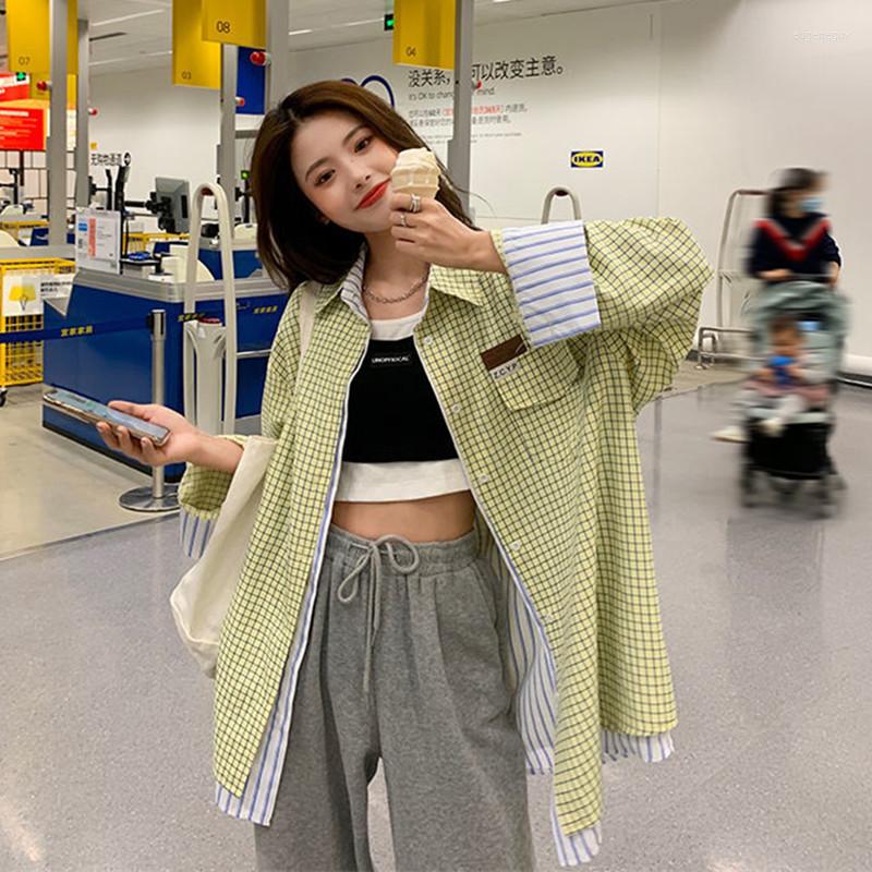 

Women' Blouses Herstory Shirts Women Fake Two Pieces Trendy Chic Plaid BF Harajuku Long Sleeve All-match Streetwear Korean Style Female, Yellow