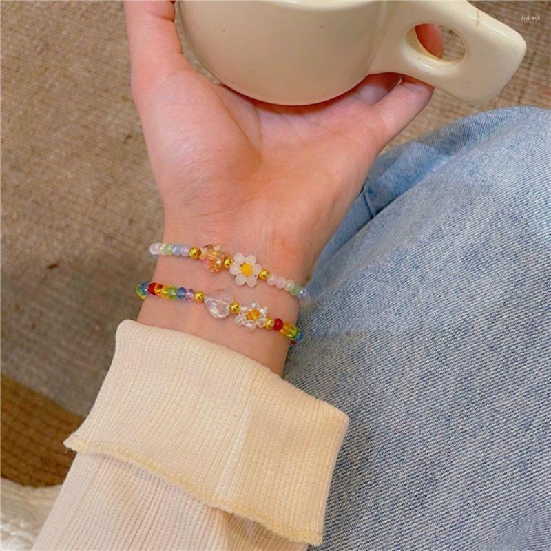 

Strand Korean Bracelet Bohemian Colorful Flowers Crystal Beaded Handmade Elastic Rope Women Fashion Jewelry