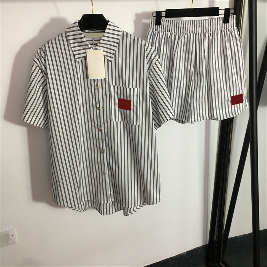 

Striped Women Short Pants Shirt Luxury Blouse Shorts 2 Piece Set Summer Spring Shirts Short, Black with label#20220915