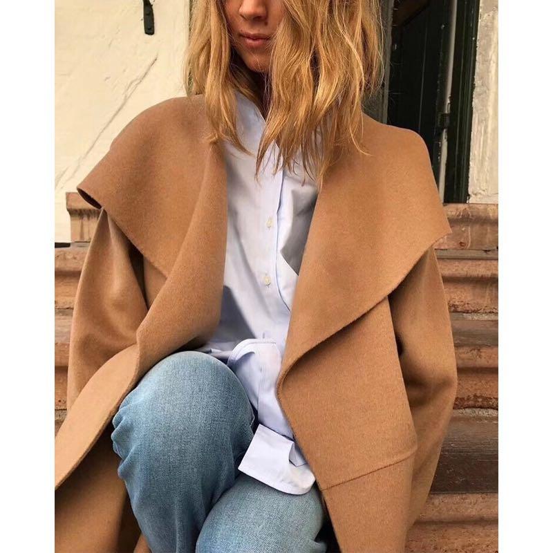

Fur Women' Woolen Coat Cardigan Loose Winter Long Sleeve Casual Large TurnDown Collar Jacket Female Outwear Top with Pockets, A black