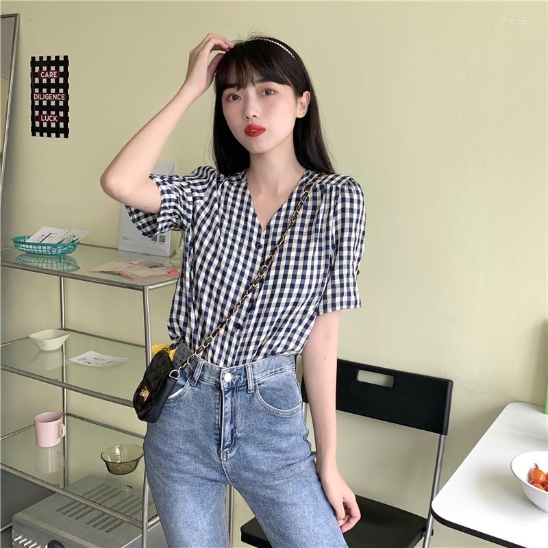 

Women's Blouses 3 Sizes Vintage V-neck Fresh Plaid Yellow Blue Short Sleeve Summer Spring Thin 2023 Arrival Women Shirts, Black