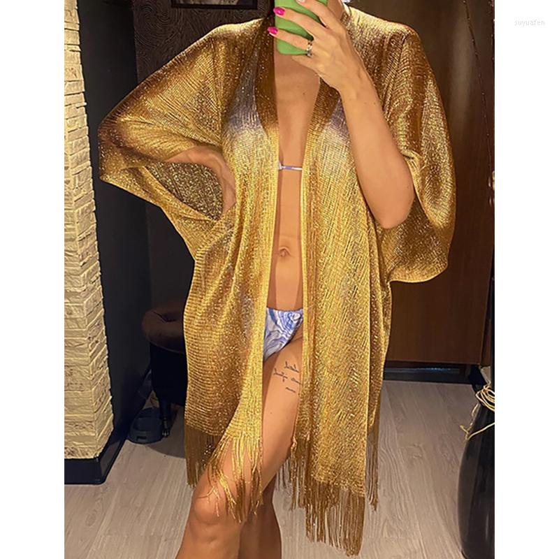 

Women's Swimwear Beach Dress Wear Beachwear Female Women Sexy Fringe Tassel Mesh Sheer Shiny Knitted Tunic Cover Up Cover-ups, Gold