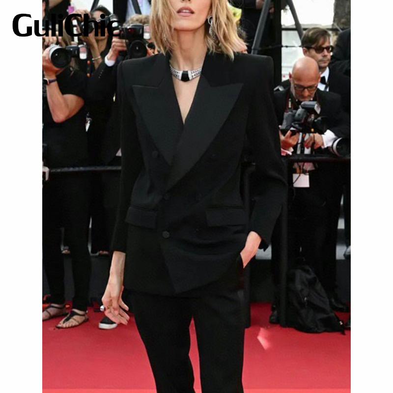 

Pants 9.15 GuliChic Women Runway Fashion Black Shoulder Pads Double Breasted Slim Wool Midi Blazer