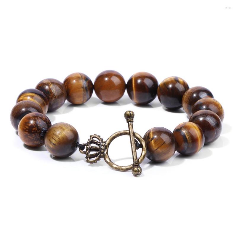 

Strand Crown Bracelet OT Buckle Natural Stone 12MM Beads Bracelets For Women Men Tiger Eye Lava Bloodstone Bangle Fashion Jewelry