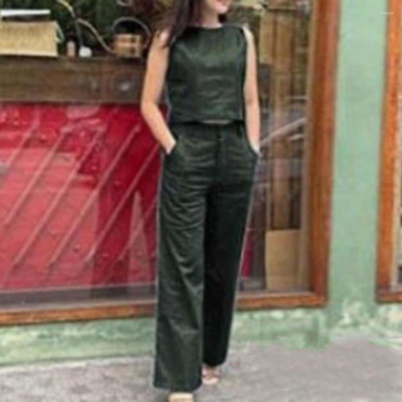 

Women's Two Piece Pants 2Pcs/Set O-Neck Sleeveless High Waist Pockets Lady Outfit Solid Color Short Vest Wide Leg Long Set, Blue