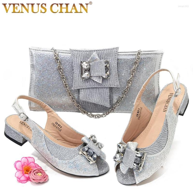 

Sandals Summer Sandal For Women 2023 Wedding Bridal Low Heel Shoes Silver Rhinestone Flowers Shoe And Bag Set Nigeria Party, Peach