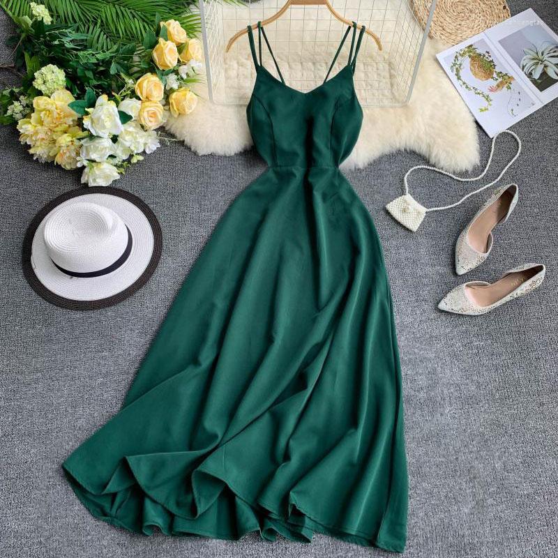 

Casual Dresses Summer A Line Large Hem Long Women Sexy V-Neck Backless Spaghetti Strap Dress Ladies Sleeveless Holidays Beach Vestidos, Green