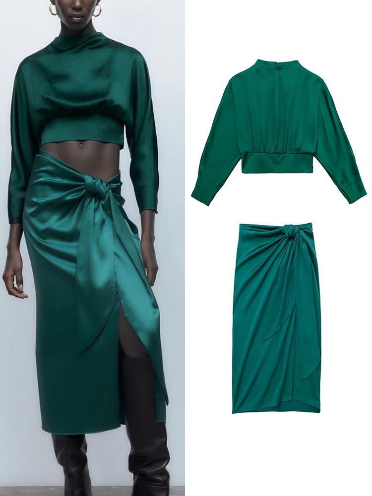 

Dress TRAFNew Women Elegant Shirt Sets 2022 Summer Fashion Long Sleeved Blouse+Elastic Bow MidCalf Skirts Casual Street Outwear