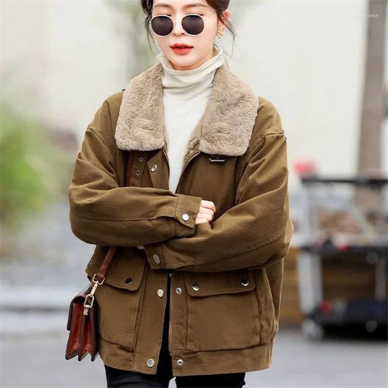 

Women' Jackets Short Velvet Thick Warm Cotton Jacket Women Parkas Winter Fur Collar Lambswool Denim Coat Female Loose Tooling Clothes H2602, Black