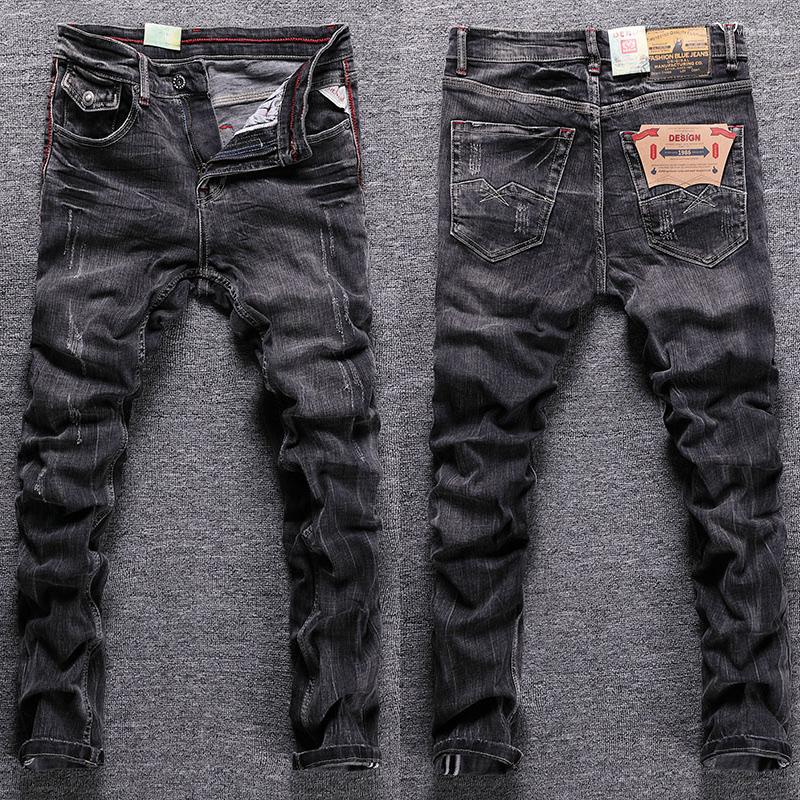 

Men's Jeans Streetwear Fashion Men Retro Black Gray Elastic Slim Ripped Trousers Vintage Casual Stretch Denim Pants Hombre