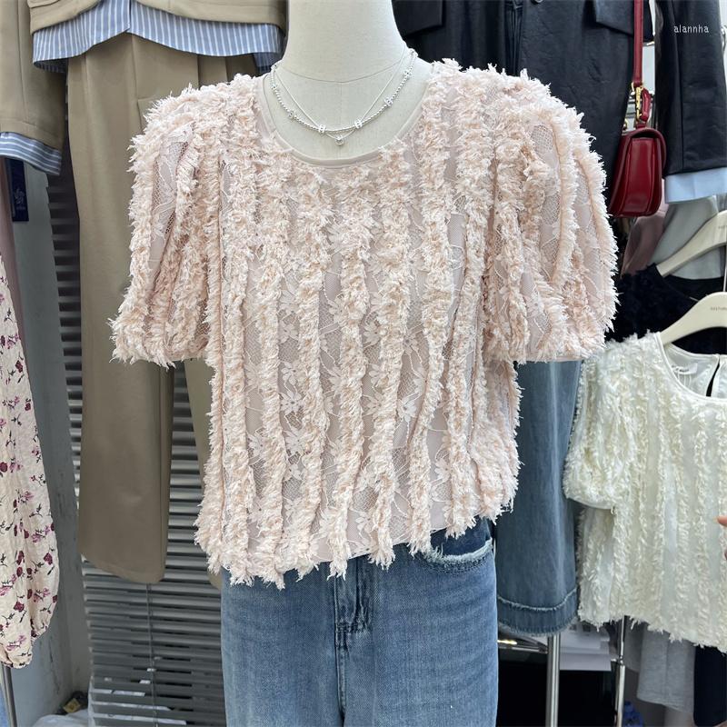 

Women's Blouses Sweet Spring Casual Korean Fashion Tassels Short Sleeve O-neck Cute Femme Shirts Tops Almighty Woman Blsuas Drop, Pink