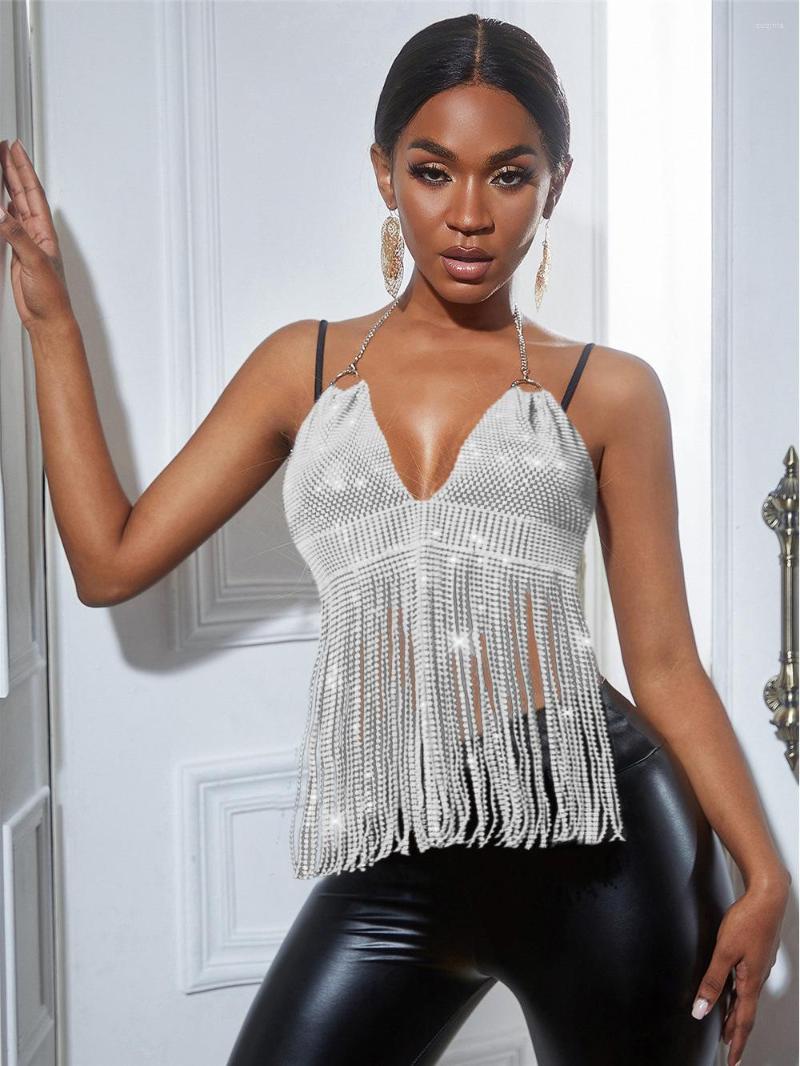 

Women' Tanks V Neck Women Top Backless Fishnet Crystals Tassel Base Black Night Club Party Sexy Summer Cami Womens Clothes, White