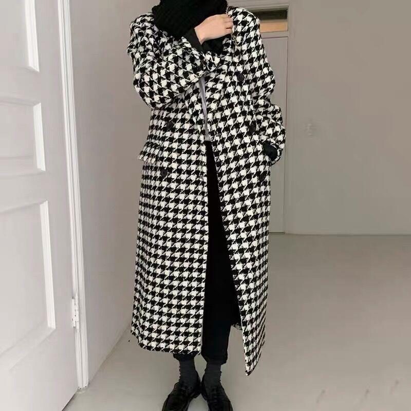 

Fur Women Winter Houndstooth Jacket Long Wool Coat Double Breasted Straight Woolen Blazer Overcoat Outwear, Black