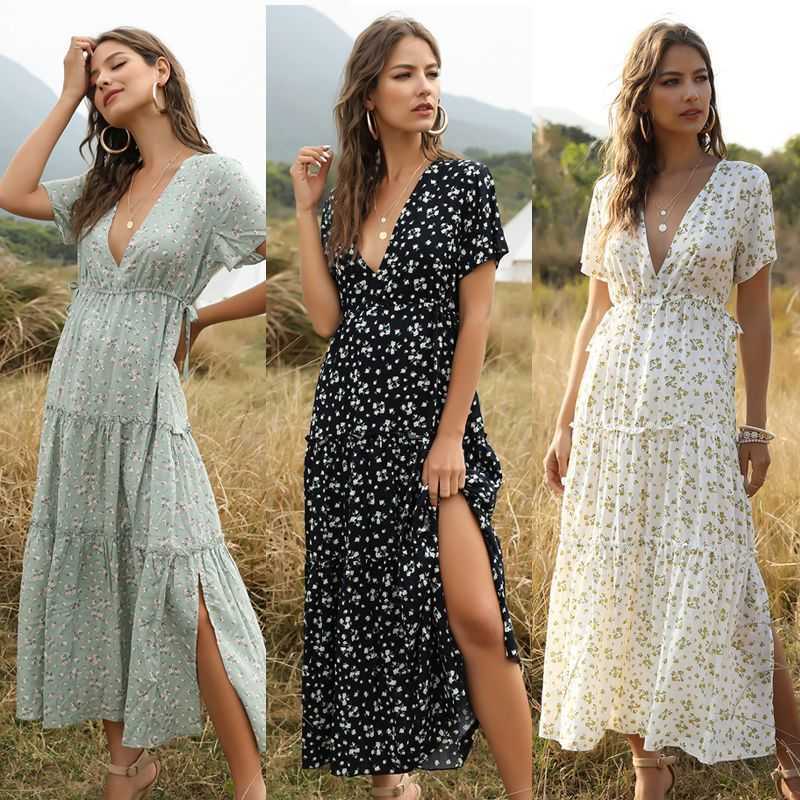

Summer women' ruffle floral bohemian dress fairy, Blue