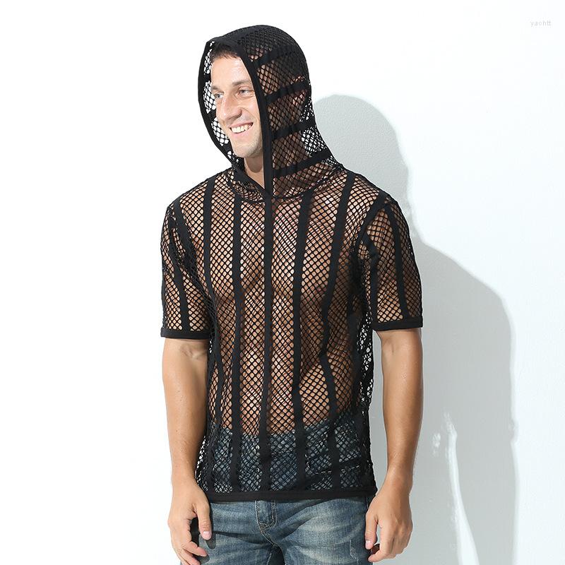 

Men' T Shirts Men' T-Shirt Short Sleeve Hooded Tops Tees Sexy Mesh See Through Streetwear Sports Breathable Undershirts Men Clothing, Beige