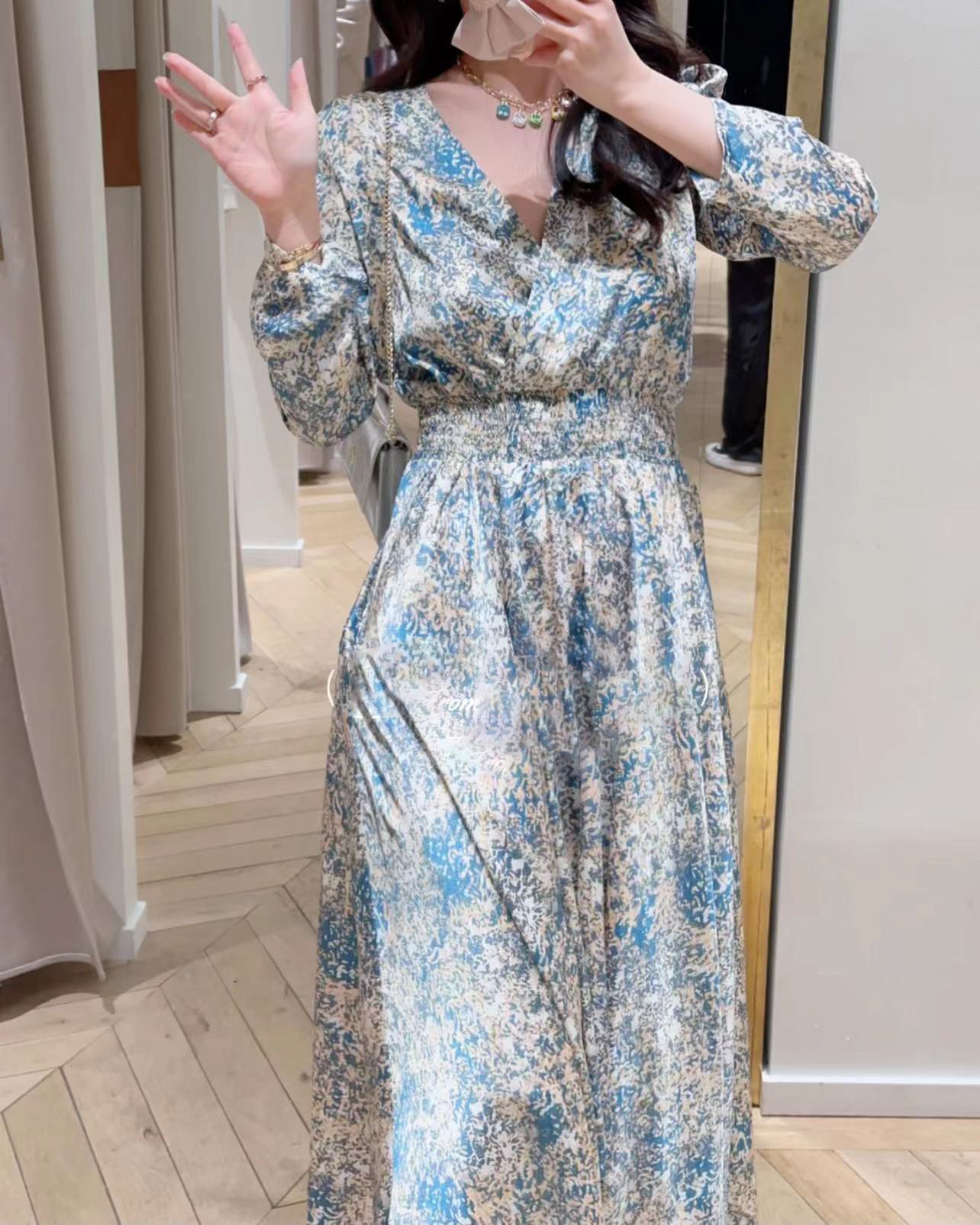 

Casual Dresses Maje V-neck Floral Dress Asymmetric Fitted Retro Long Dress for Women, Blue